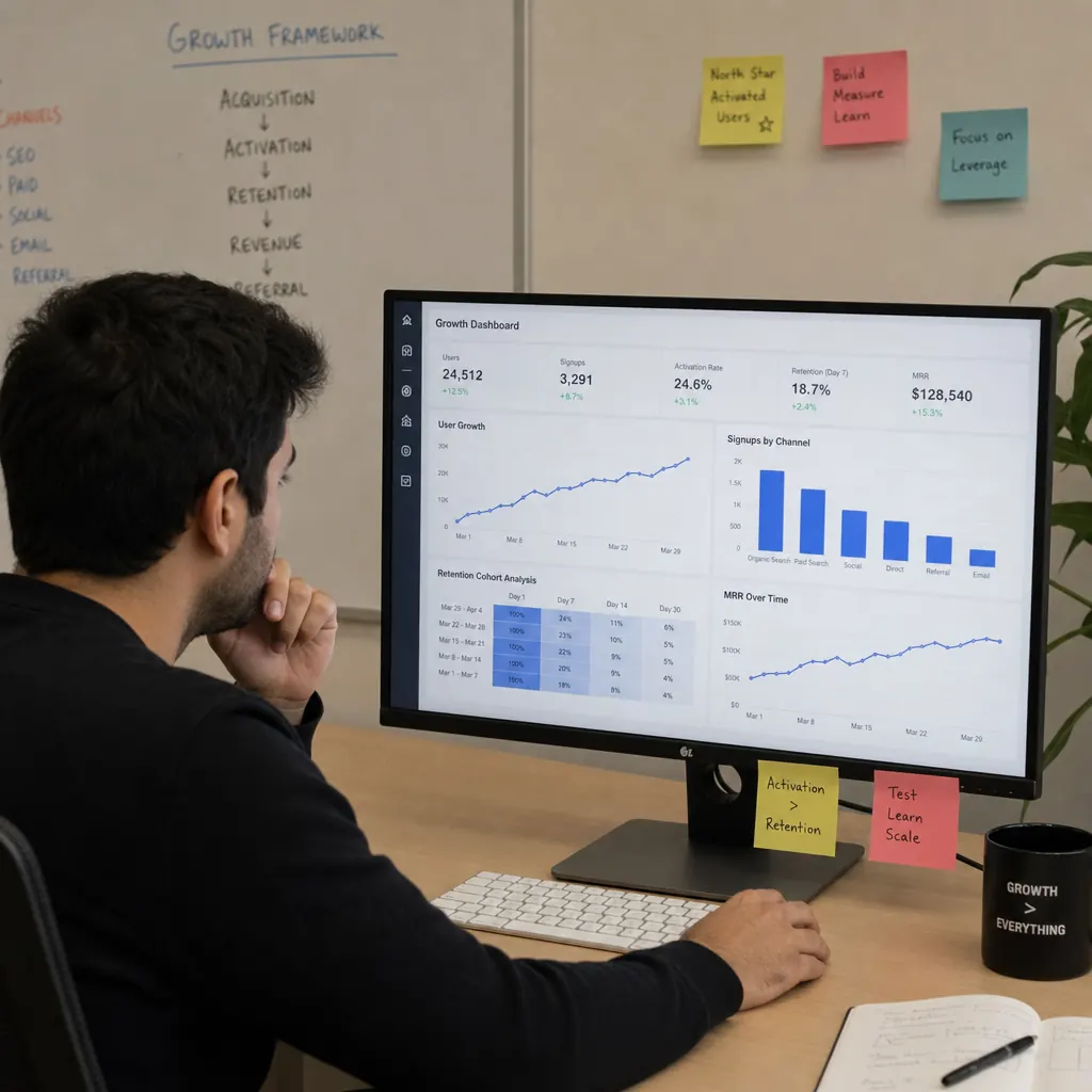 A growth manager analysing data on a computer screen
