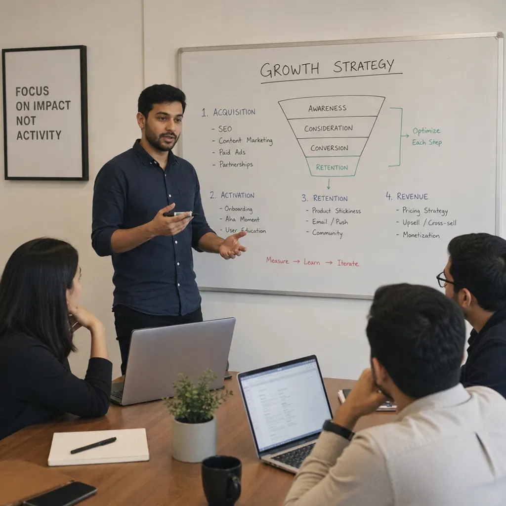 A growth manager presenting a growth strategy to a team