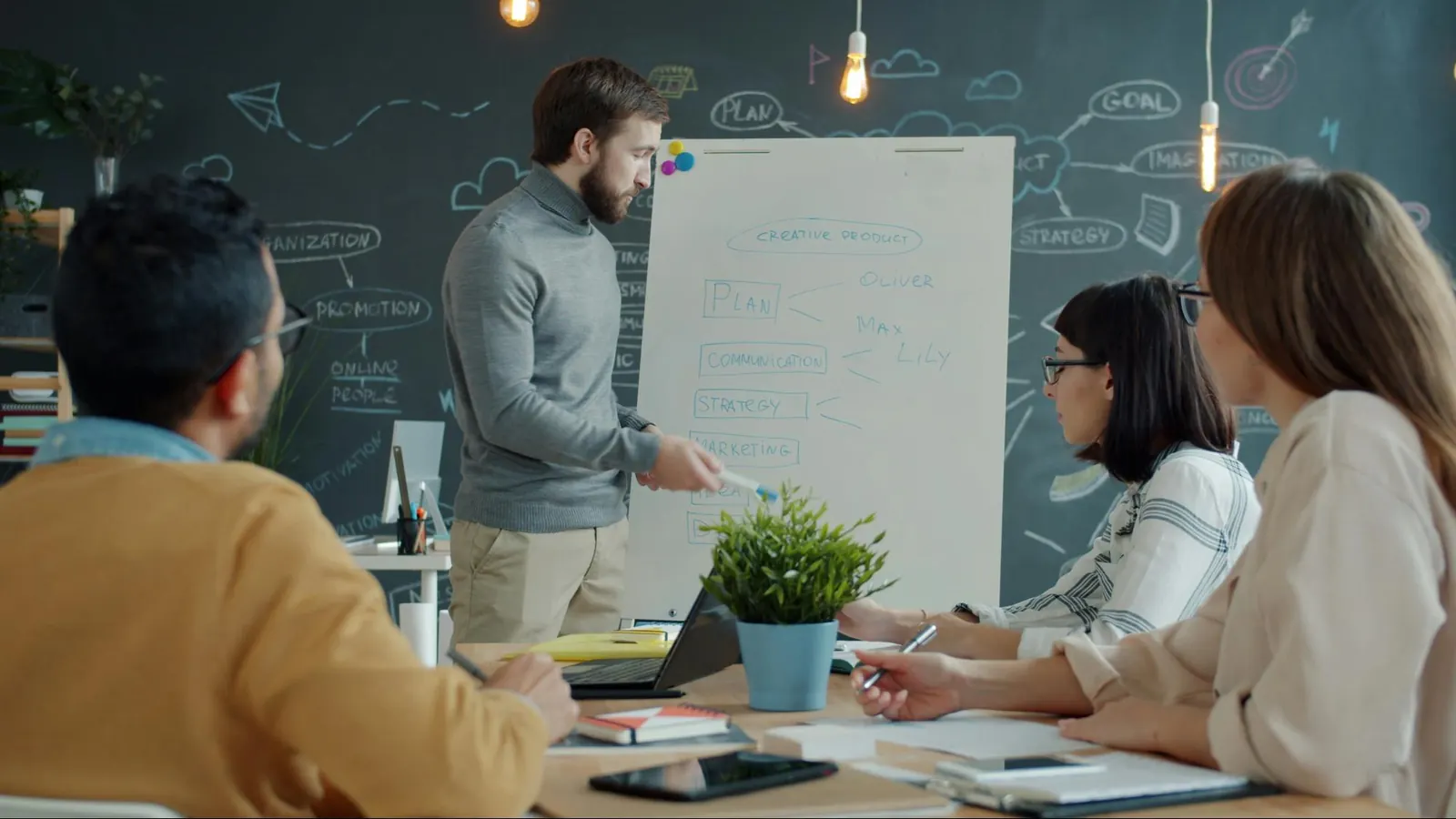 Team brainstorming new product ideas in an office setting