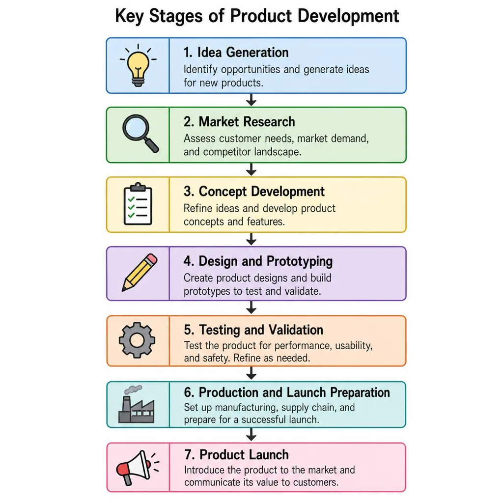 A flowchart illustrating the key stages of product development